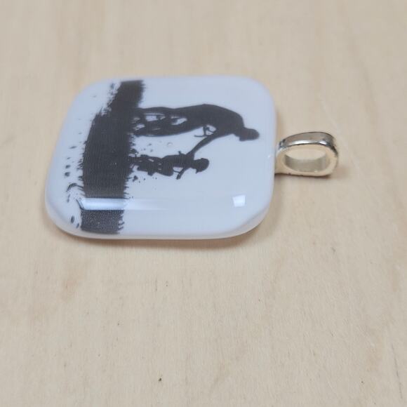 Silhouette Pendant Man & Boy on Bikes Signed 1.5" square Bicyclist Dad Son Eva - Picture 6 of 7